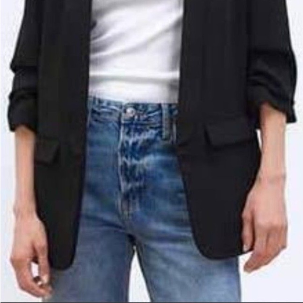 Zara Black Open Front Cinched 3/4 Sleeve Blazer - Picture 5 of 16